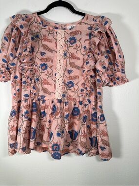 DRA Los Angeles Pink Blue Floral Cotton Cottagecore Peplum Top M